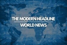 Digital world map graphic with The Modern Headline World News text overlay