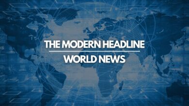 Digital world map graphic with The Modern Headline World News text overlay