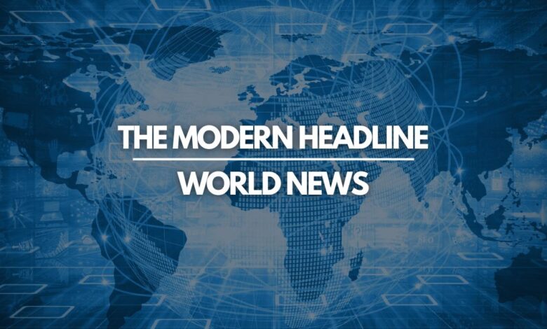 Digital world map graphic with The Modern Headline World News text overlay