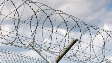Razor wire coils mounted above chain link fence