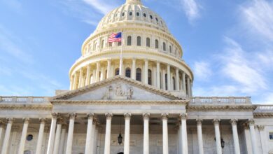 Front view of United States Capitol with dome, columns, and American flag