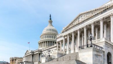United States Capitol east front with wide steps and columns on clear day