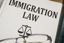 Immigration law book with glasses resting on top