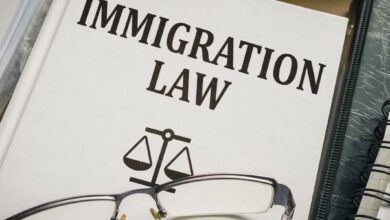 Immigration law book with glasses resting on top