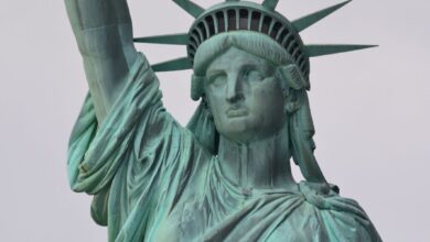 Closeup portrait view of Statue of Liberty